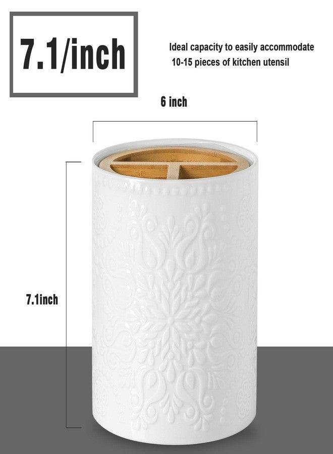 Howise 7" Relief Utensil Holder, Large Kitchen Utensil Holder Organizer , White Stable Utensil Crock Spatula Holder for Kitchen Counter Countertop Farmhouse Cooking Tools Holder with Bamboo Frame - Image 2